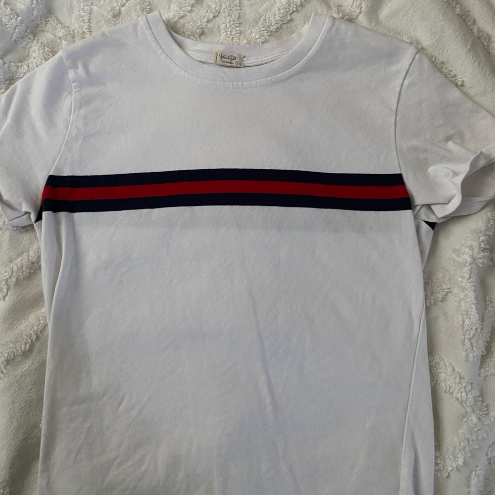White with navy and red stripe top